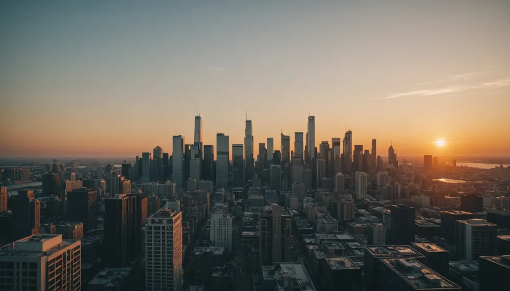 A photo of a city skyline at sunset, with a range of buildings and skyscrapers stretching towards the horizon, symbolizing growth and opportunity