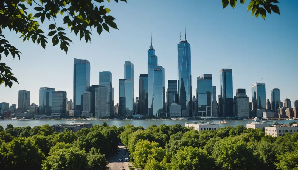 A photo of a cityscape with a subtle background of financial district, conveying a sense of economic growth and development, with a few trees and a clear blue sky, representing a bright and prosperous future.