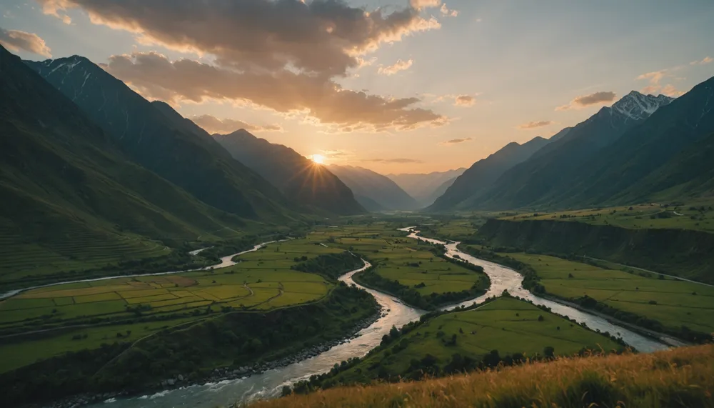 A serene landscape of a serene mountain range at sunset, with a meandering river flowing through the valley, symbolizing a peaceful and trustworthy financial journey