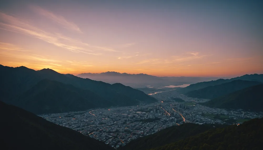 A serene landscape of a mountain range at sunset, symbolizing financial freedom and peace of mind, with a subtle hint of a cityscape in the distance, representing growth and opportunity