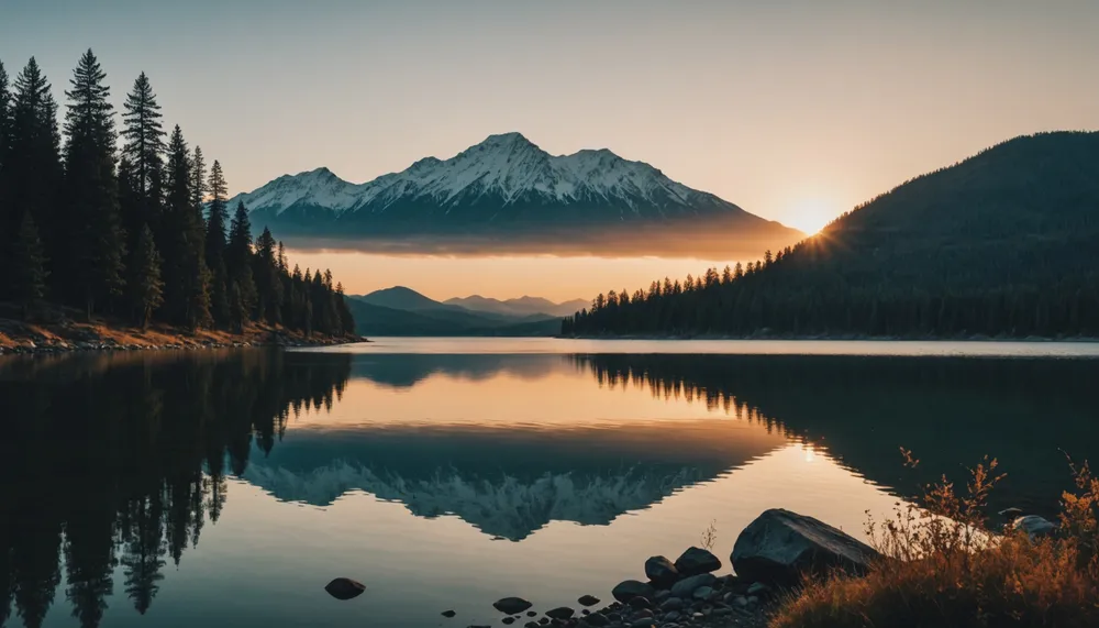 A serene landscape of a mountain range at sunset, symbolizing financial freedom and peace of mind, with a few trees in the foreground and a calm lake in the distance, reflecting the beauty of nature and the importance of finding tranquility in one's financial journey