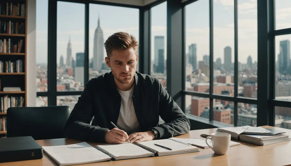 A photo of a person sitting at a desk with a laptop and a notebook, surrounded by books and papers, with a calm and focused expression, in a modern and minimalist room with a large window and a city view in the background